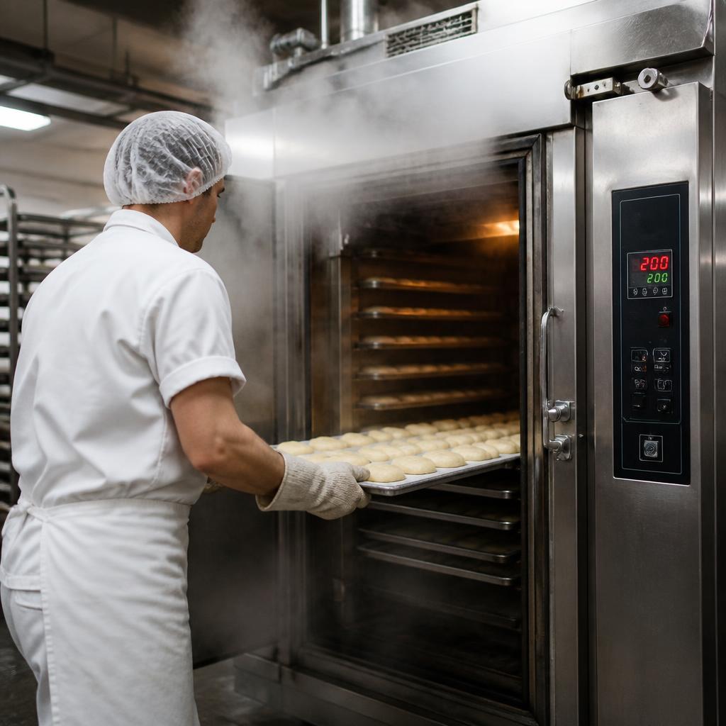 Operario cargando bandejas en horno industrial